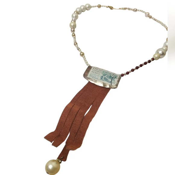 14K Gold Plated Faux Pearl Gradulate Orange Leather Fringe Mexico Stamp Necklace - Picture 4 of 4